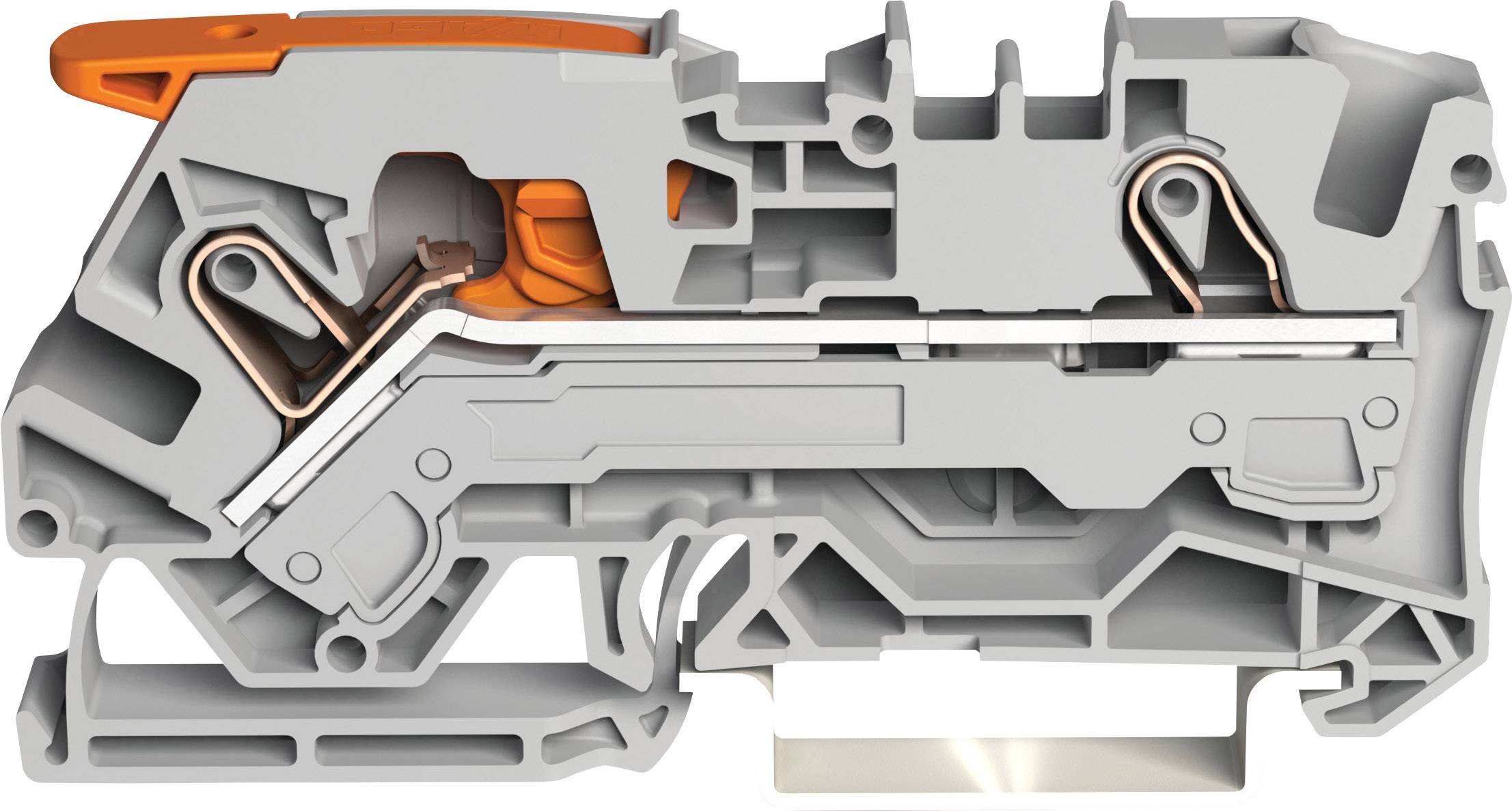 Querschnitt eines mechanischen Bauteils mit orangefarbenen und metallischen Komponenten, zeigt interne Struktur und Funktionsweise.