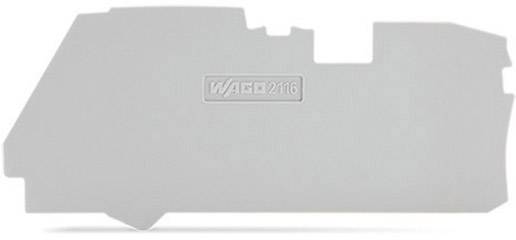 Ein grauer Endanschlag mit der Aufschrift 'WAGO 2116', verwendet zur mechanischen Fixierung in elektrischen Installationen.