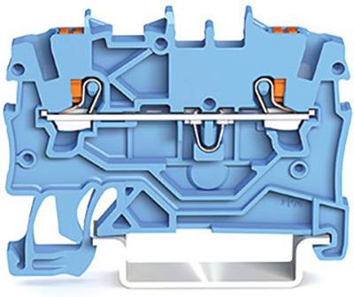 Ein Querschnitt einer blauen elektrischen Klemme mit orangen markierten Stellen. Sie zeigt Innenstrukturen und Kontaktestellen.