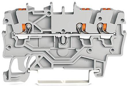 Ein grauer elektrischer Steckverbinder mit mehreren Anschlussklemmen und sichtbaren inneren Metallverbindungen.