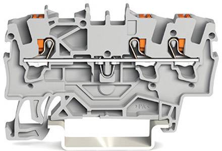 Ein grauer DIN-Schienen-Verbindungsklemme mit zwei Drahtanschlussstellen und orangen Hebelmechanismen zur elektrischen Verbindung.
