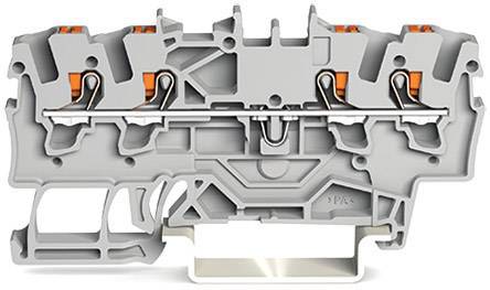 Graue Reihenklemme mit drei Anschlüssen und orangefarbenen Hebeln zur elektrischen Verdrahtung in Schaltkästen.