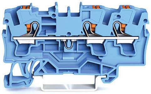Querschnitt einer blauen Klemme mit orangefarbenen Federmechanismen, zeigt die innere Struktur und Anschlussstellen für elektrische Kabel.