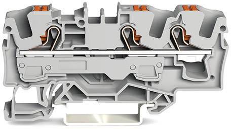 Querschnitt einer grauen Reihenklemme mit innenliegendem Metallkontakt und orangefarbenen Klemmen. Verwendung in elektrischen Schaltkästen.