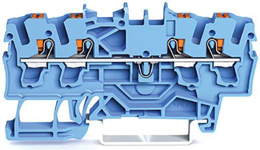 Ein blauer, mehrteiliger Steckverbinder oder Klemmenblock, gezeigt im Querschnitt, mit orangen Klemmmechanismen.