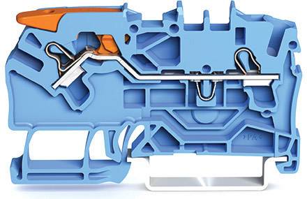 Querschnitt eines blauen elektrischen Steckverbinders mit orangenem Hebel und Metallkontakten, zeigt innere Mechanismen.