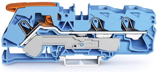 Querschnitt eines blauen und grauen elektrischen Klemmblocks, der interne mechanische Komponenten und Verbindungen zeigt.