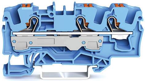 Querschnitt eines blauen Elektroterminals mit mehreren internen Schichten und Metallverbindungen, zeigt die interne Verkabelungsstruktur.