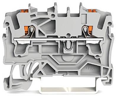 Ein Querschnitt eines grauen Verbindungsklemmenblocks mit orangefarbenen Elementen, zeigt interne Mechanik und Konstruktionsdetails.