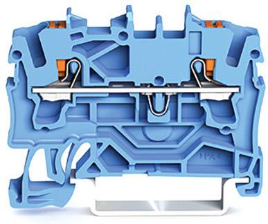 Elektrischer Steckverbinder in Blau, Querschnittsansicht. Zeigt Innenstruktur mit Klemmen und Drähten. Technische Komponente.