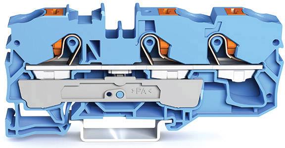 Querschnitt eines blauen elektrischen Klemmenblocks mit Kupferanschlüssen und grauem Hebelmechanismus, verwendet in Schalttafeln.
