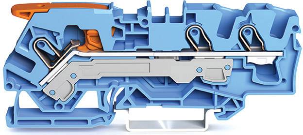 Querschnittmodell eines blauen und orangen mechanischen Teils, das interne Komponenten und deren Anordnung zeigt.