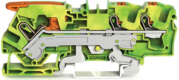 Querschnitt einer grünen, gelben und orangenen mechanischen Komponente mit Metallteilen, zeigt interne Struktur und Verbindungen.
