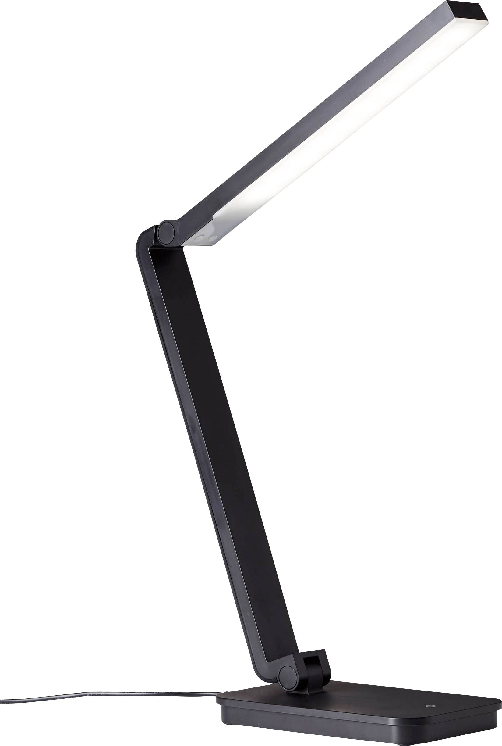 Schwarze, moderne, verstellbare Tischlampe mit L-förmigem Arm, beleuchtet von einer LED-Leiste, steht auf einem Schreibtisch.
