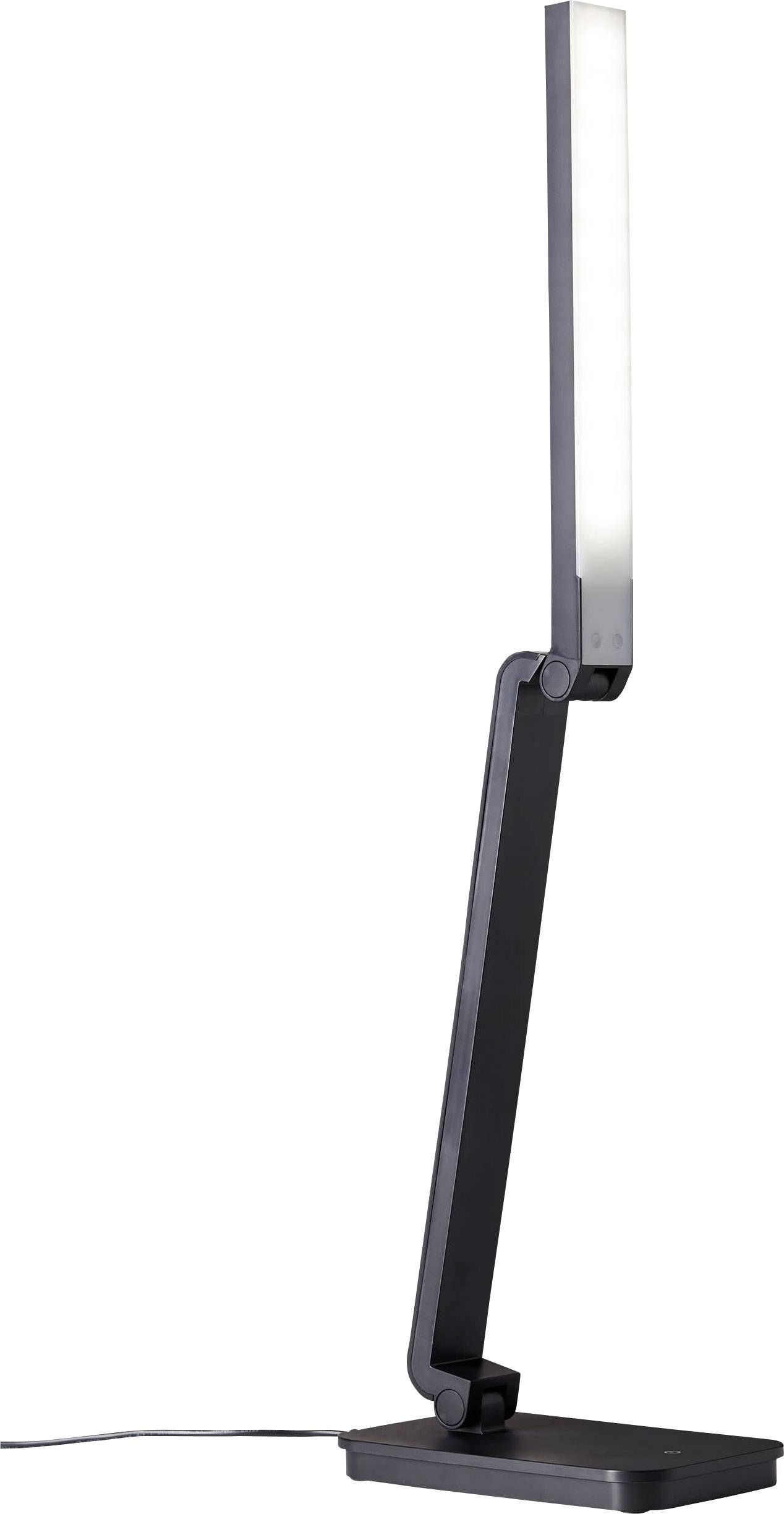 Schwarze, moderne Tischlampe mit schlankem, rechteckigem Leuchtkörper, schwenkbarem Arm und rechteckigem Fuß, Kabel an der Basis.