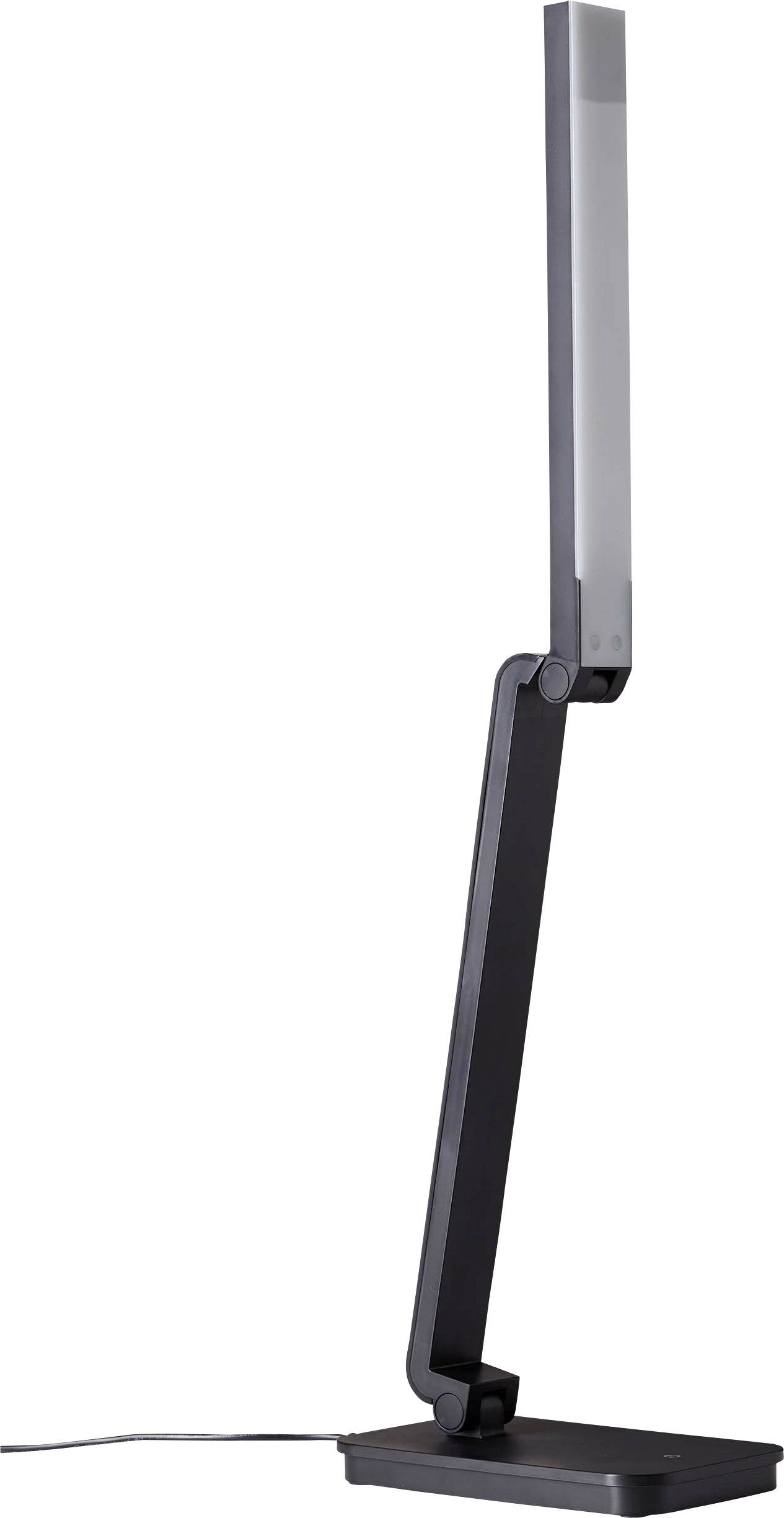 Schwarze LED-Schreibtischlampe mit modernem, schlankem Design auf rechteckiger Basis, geeignet für Arbeits- oder Leseumgebungen.