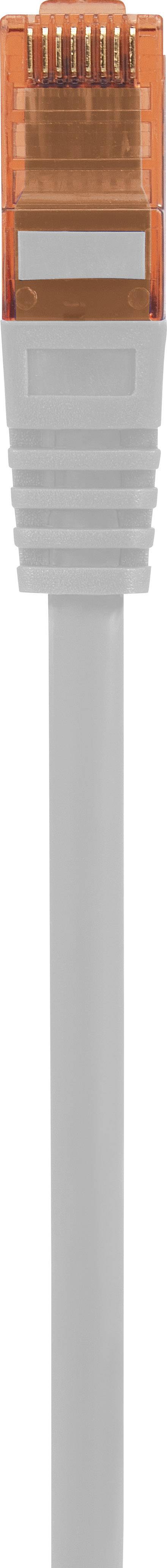Ein Ethernet-Kabel mit einem orangefarbenen RJ45-Stecker, verwendet für Netzwerkverbindungen.
