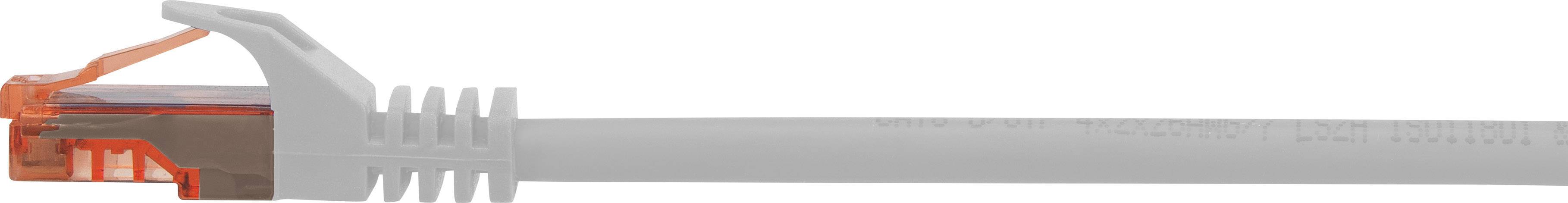 Ein graues Netzwerkkabel mit einem orangefarbenen Stecker, häufig für Ethernet-Verbindungen in Computernetzwerken verwendet.