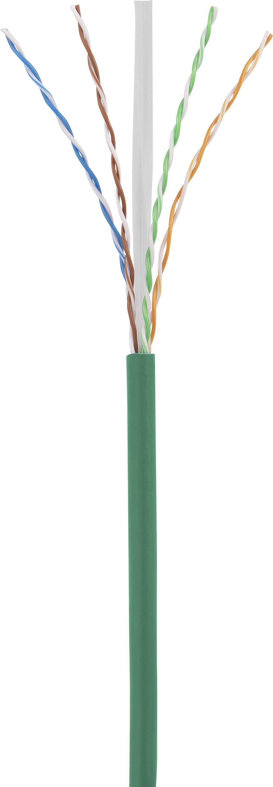 Ein offenes Netzwerkkabel mit vier verdrillten Aderpaaren in den Farben Blau, Grün, Orange und Braun, ohne Stecker.
