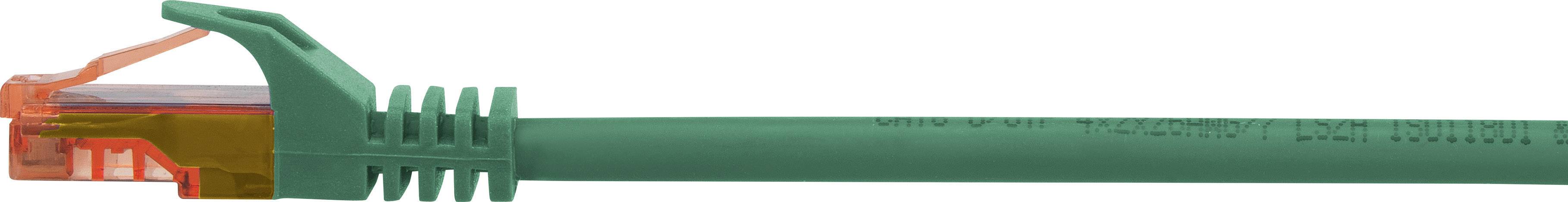 Grünes Ethernet-Kabel mit RJ45-Stecker, seitlich liegend. Verwendet für Netzwerkverbindungen in Computernetzen.