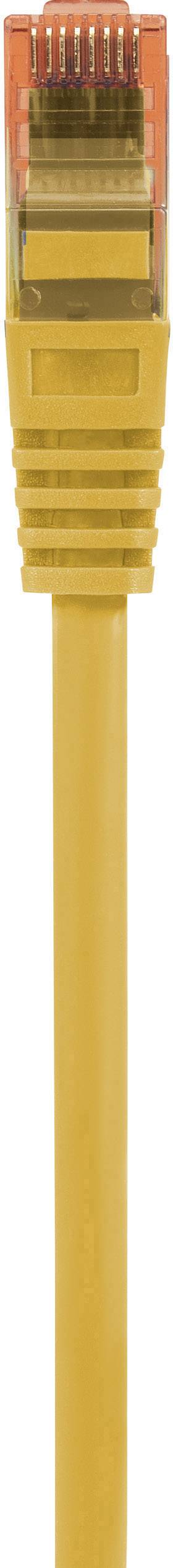 Gelbes Ethernet-Kabel mit orangefarbenem Stecker, dargestellt in Nahaufnahme.