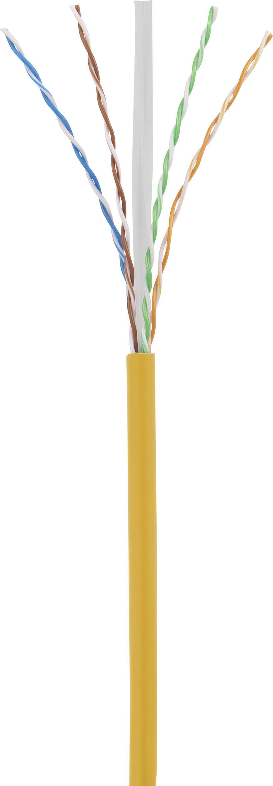 Ein offenes Netzwerkkabel mit vier verdrillten Aderpaaren in unterschiedlichen Farben, umgeben von einem gelben Mantel.
