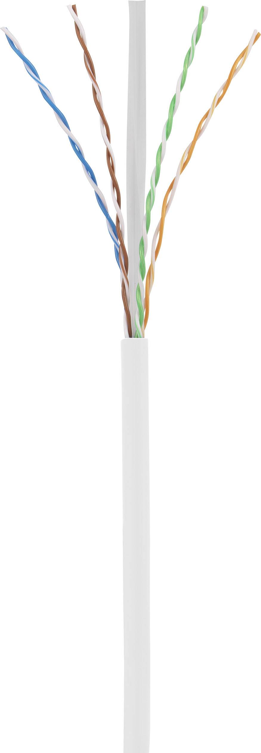 Freigestelltes Bild eines LAN-Kabels mit vier verdrillten Aderpaaren in Weiß, Blau, Orange, Grün und Braun, ohne Stecker.