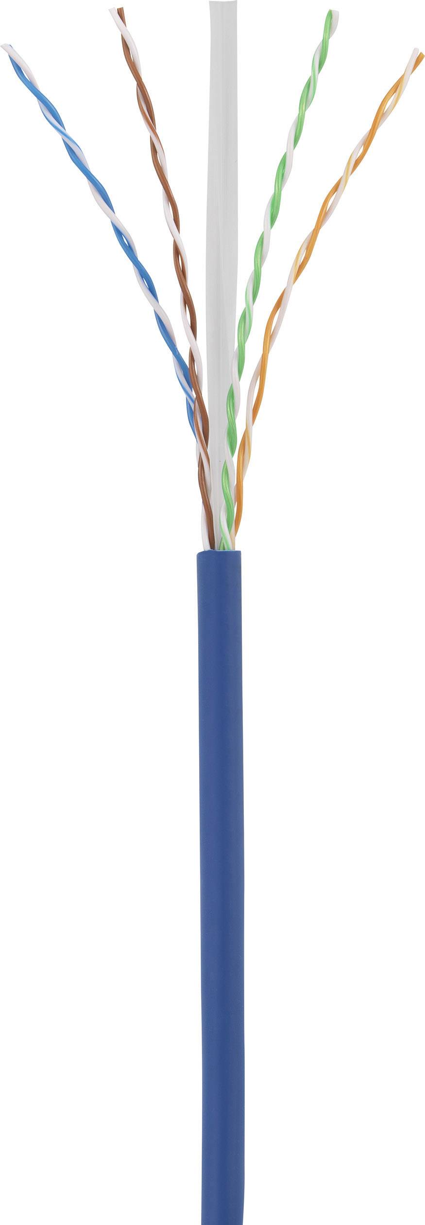 Ein offenes Netzwerkkabel mit vier verdrillten Adernpaaren in unterschiedlichen Farben, außen mit blauem Schutzmantel.