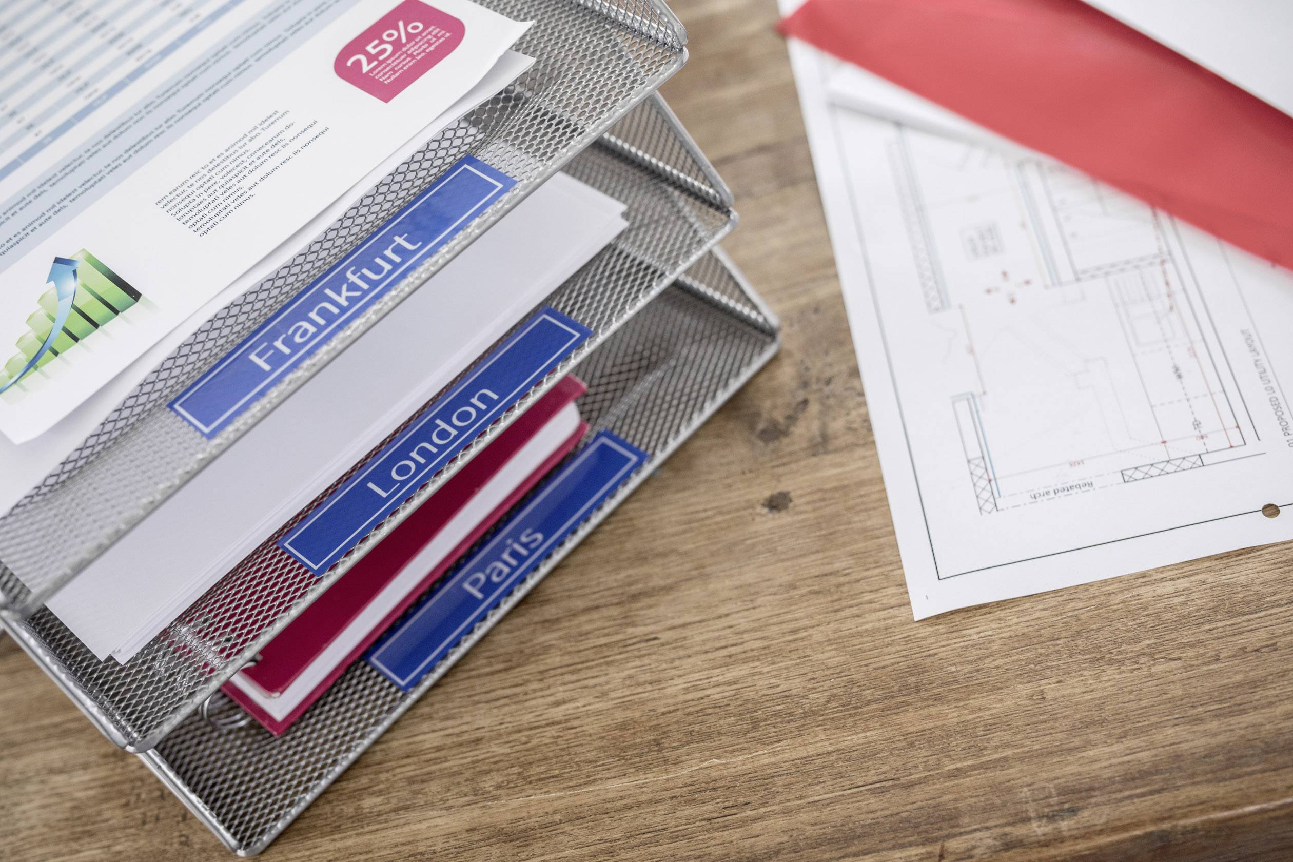 Büroorganisation auf einem Tisch mit drei Ablagen beschriftet mit 