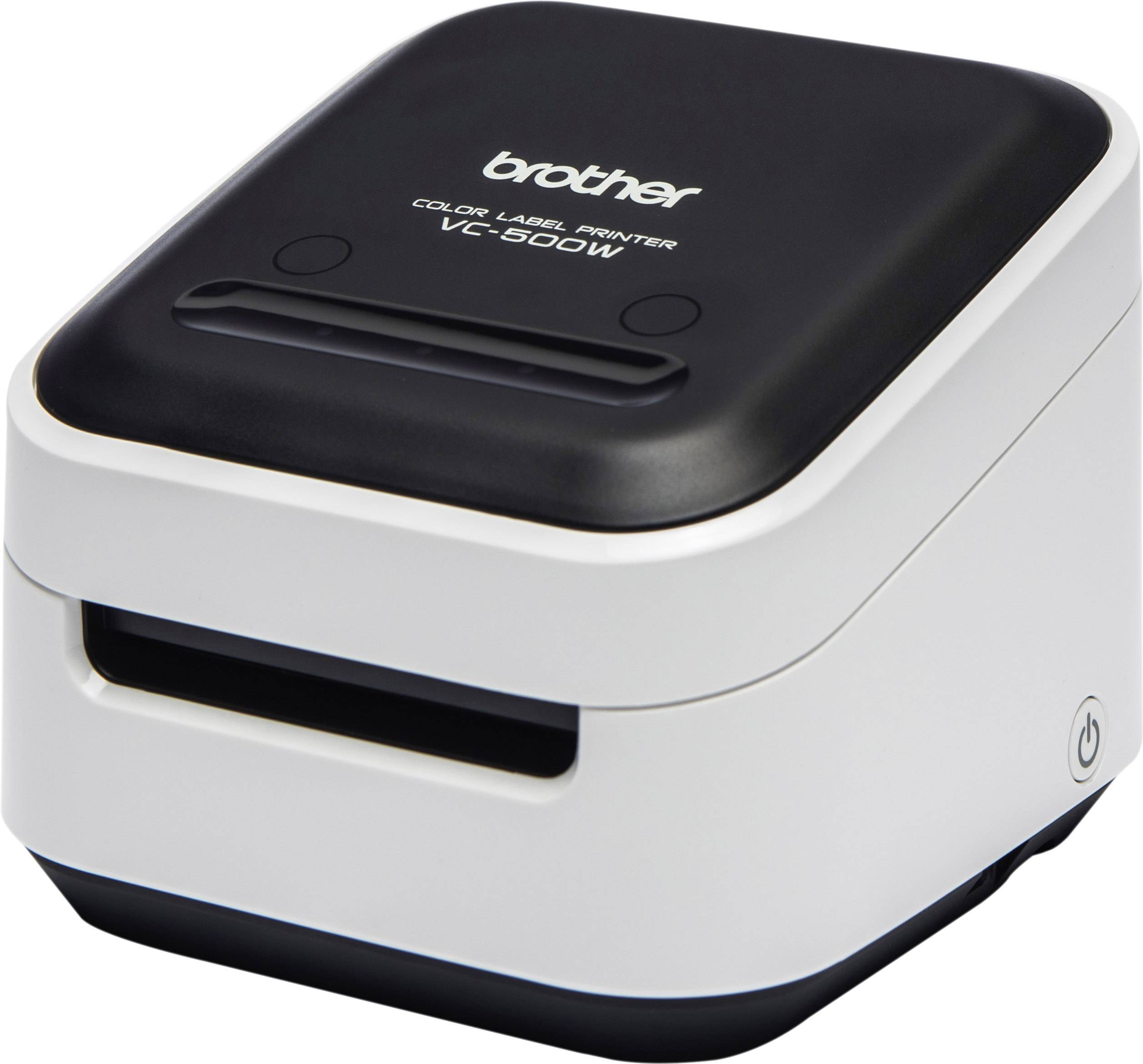 Farbdrucker für Etiketten mit der Aufschrift 'brother COLOR LABEL PRINTER VC-500W', kompakt und weiß-schwarz gestaltet.