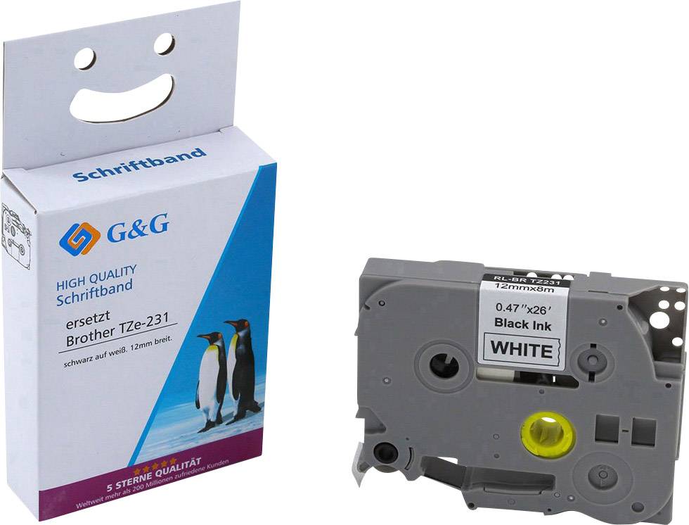 Verpackung und Kassette eines Schriftbands: 'G&G', ersetzt Brother TZe-231, 12 mm breit, schwarz auf weiß. Enthält drei Pinguine auf der Verpackung.