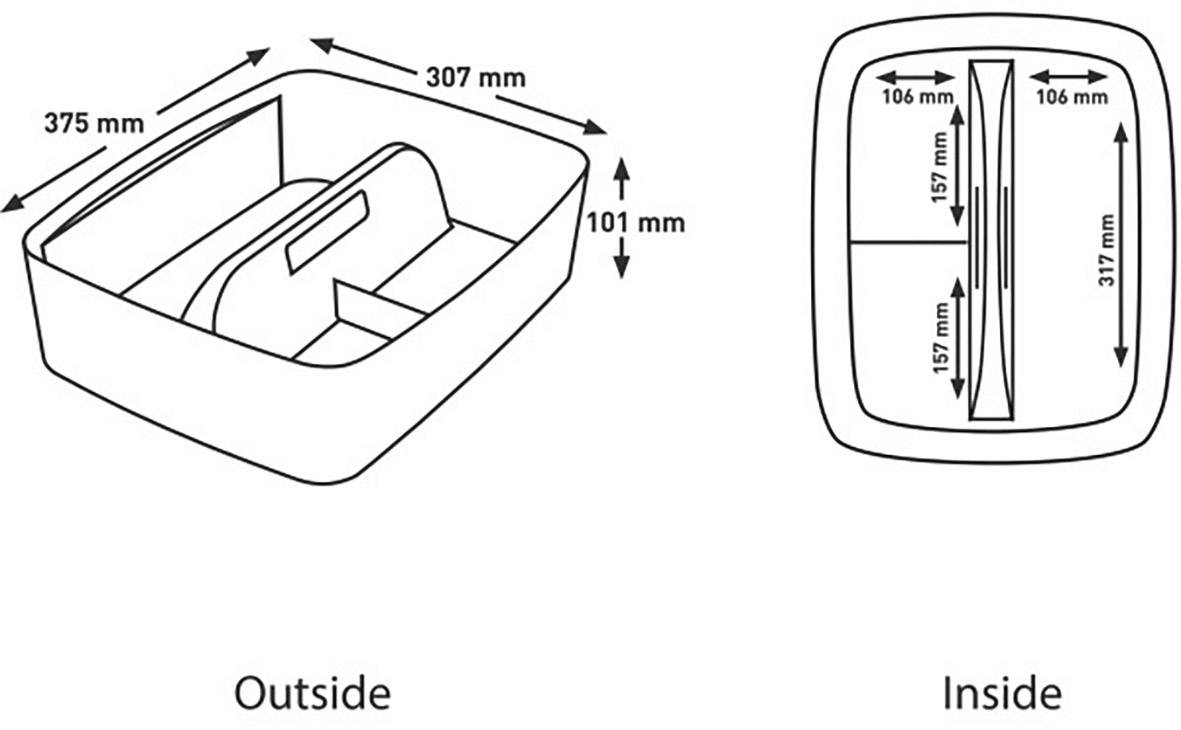 Diagramm einer rechteckigen Schachtel mit Maßen. Außenansicht: 375 mm x 307 mm x 101 mm. Innenansicht zeigt Fächer: 317 mm x 157 mm.