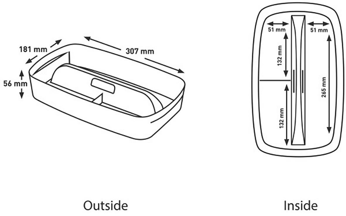 Abbildung von Behältermaßen: Außen 307 mm Länge, 181 mm Breite, 56 mm Höhe. Innen 265 mm Länge, 132 mm Breite, 51 mm Höhe.