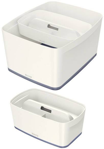 Zwei weiße, rechteckige Behälter mit abgerundeten Ecken und einem modernen Design. Der größere Behälter enthält den kleineren.