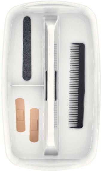 Ein weißes Tablett mit einem Nagelfeilenband, einem Kamm, einem Paar Pflaster und einem weißen Plastikobjekt in der Mitte.