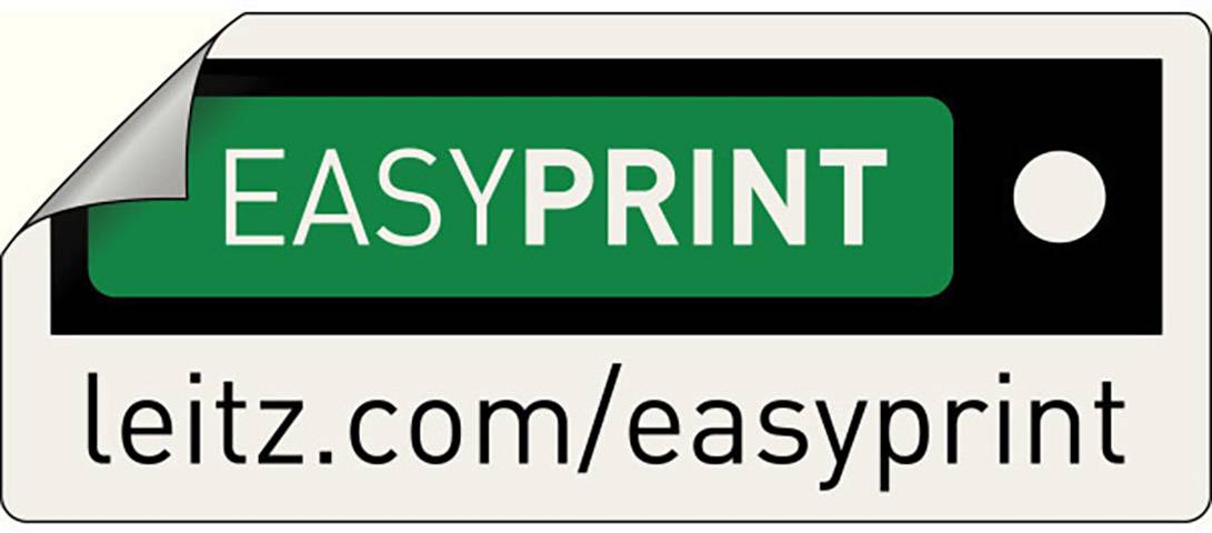 Aufkleber mit grünem Feld und Text 'EASYPRINT', darunter 'leitz.com/easyprint'.