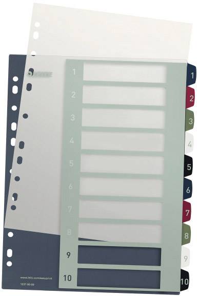 Register aus Kunststoff mit farbigen Tabs, nummeriert von 1 bis 10, für die Organisation von Dokumenten in Ordnern.