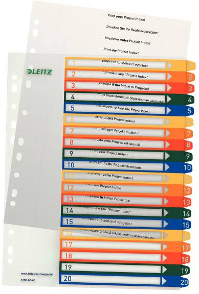 Registermappe mit 20 nummerierten Registerkarten, bedruckt für die Organisation in verschiedenen Farben.