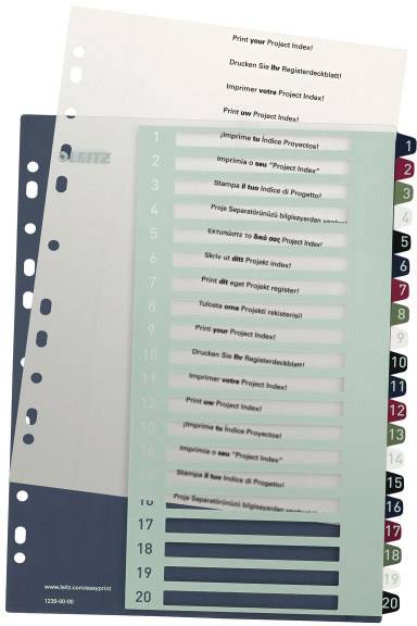 'Leitz Register' mit 20 nummerierten, perforierten Trennblättern in verschiedenen Farben, zur Organisation von Dokumenten.