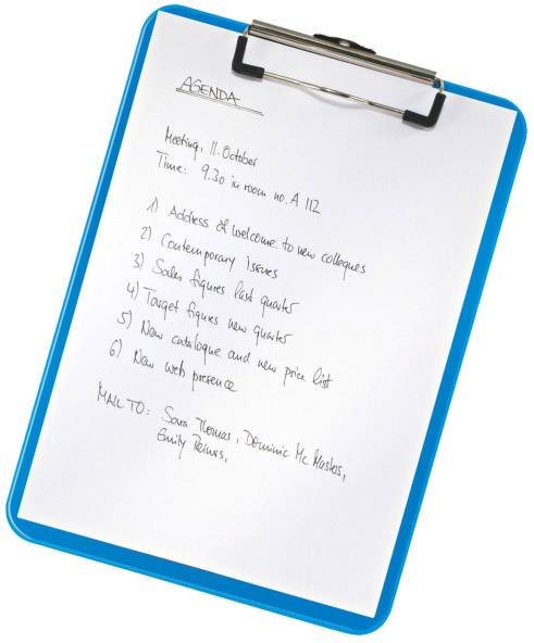 Ein Klemmbrett mit einer Notiz zur 'Agenda'. Besprechung am 11. Oktober, 9:30 in Raum A 112. Punktliste mit sechs Besprechungsthemen.