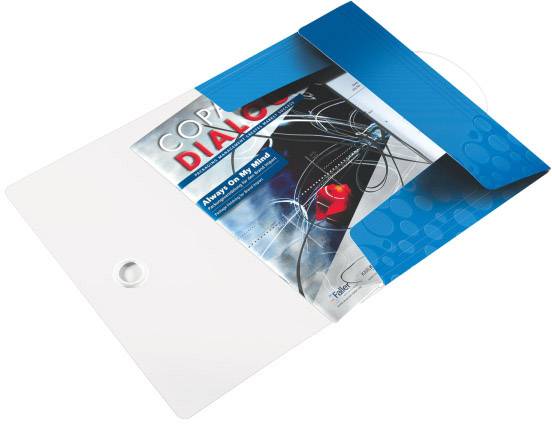 Ein blau-weißer Ordner enthält Informationsmaterial mit Grafiken und Texten. Ein rotes Element hebt sich von den gedruckten Seiten ab.