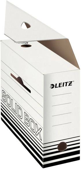Weiße Archivbox von Leitz mit schwarzem Aufdruck 'SOLID BOX'. Schlitze für Beschriftung und Griffe an der Seite.