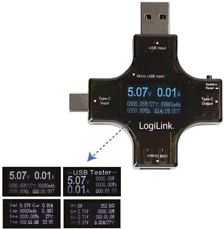 LogiLink Digitales 3-Port Multifunktions-Leistungsmessgerät für USB-C, USB und Micro USB