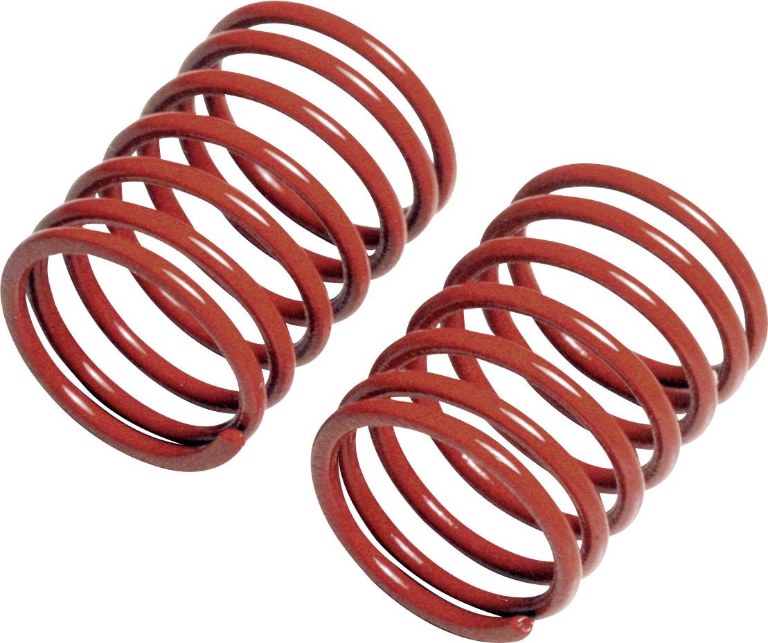 Zwei rote Spiralfedern nebeneinander auf weißem Hintergrund. Sie sind identisch und aus Metall.