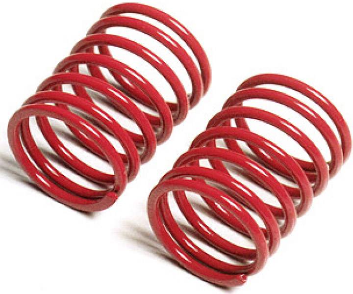 Zwei rote Spiralfedern stehen aufrecht nebeneinander. Sie sind identisch und aus Metall, jeweils mit mehreren Windungen.