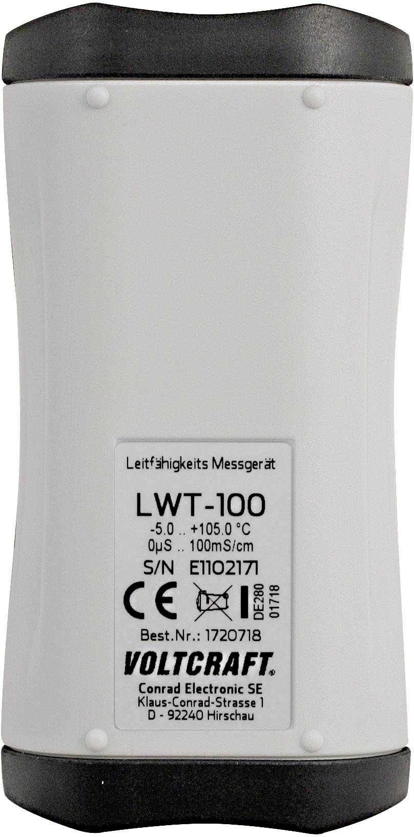 Ein Leitfähigkeits-Messgerät von Voltcraft, Modellnummer LWT-100, zeigt den Messbereich von -5,0 bis +105,0 Grad Celsius und 0-100mS/cm.