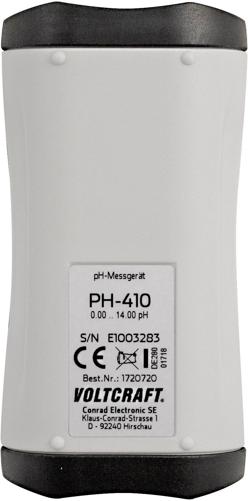 pH-Messgerät PH-410 von Voltcraft, Messbereich 0,00–14,00 pH, Seriennummer E1003283, mit CE-Kennzeichnung und Adresse in Hirschau.