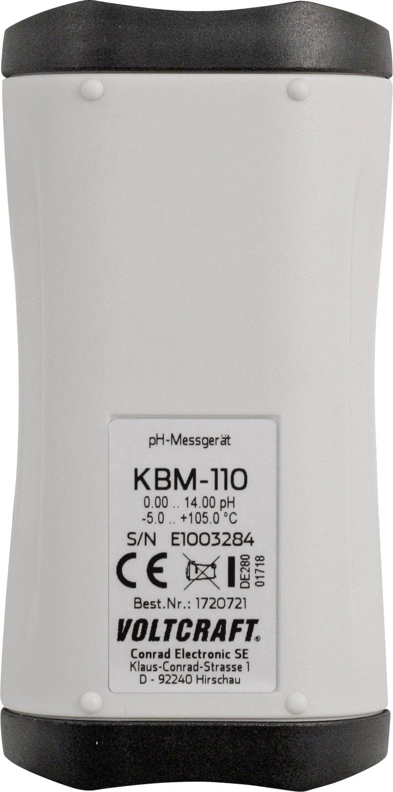 Ein pH-Messgerät mit dem Modellnamen 'KBM-110' und CE-Kennzeichnung, produziert von Voltcraft. Seriennummer ist E1003284.
