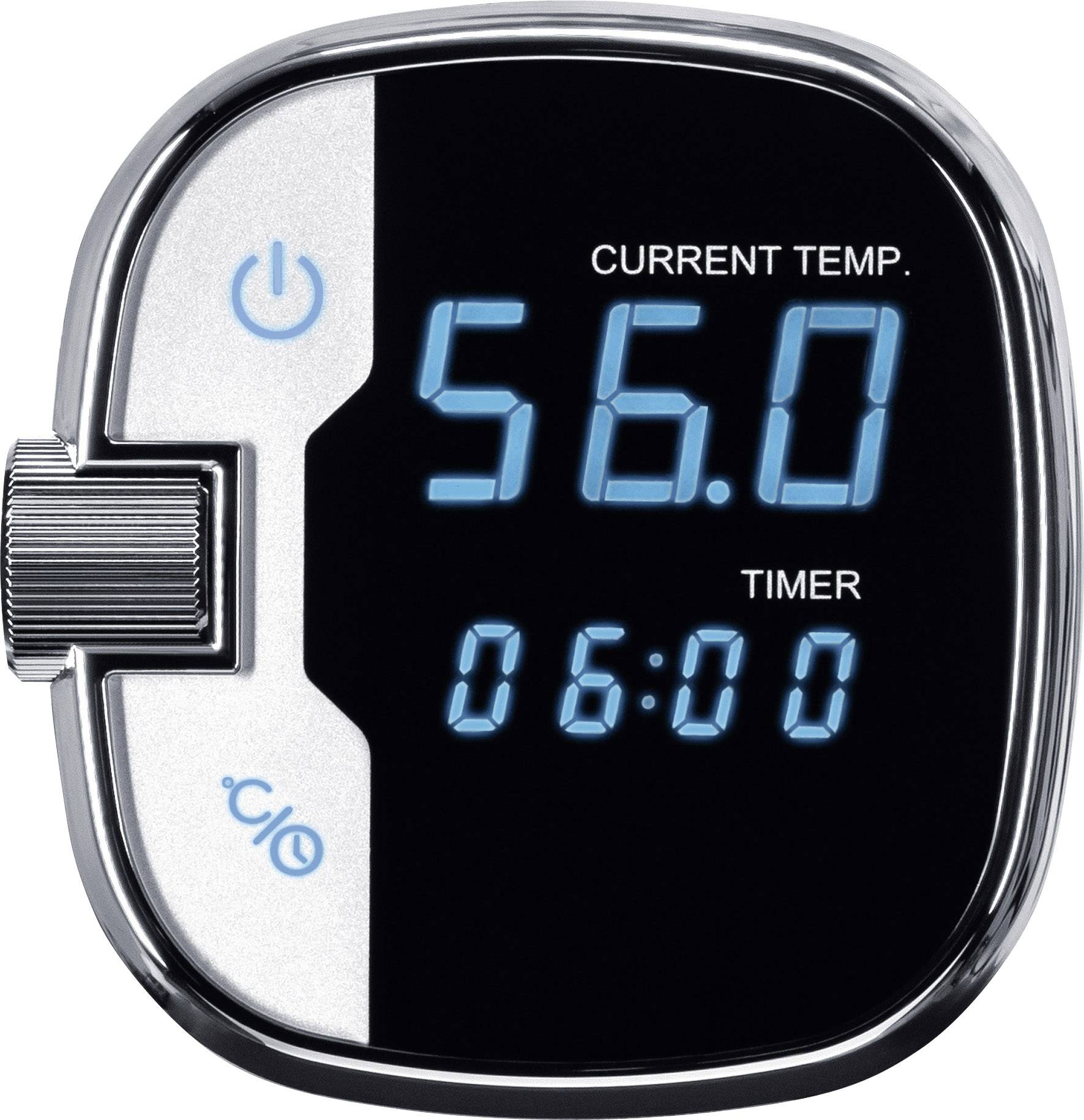 Ein digitaler Thermostatschalter zeigt 'Aktuelle Temp.: 56,0' und 'Timer: 06:00'. Ein Netzschalter und ein Drehknopf sind sichtbar.
