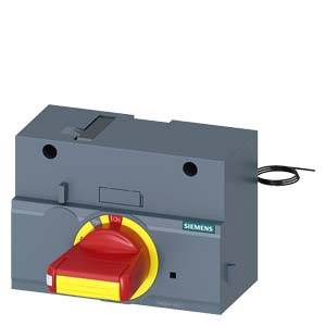 Ein grauer Siemens-Lasttrennschalter mit rotem und gelbem Drehgriff, geeignet für industrielle Anwendungen.